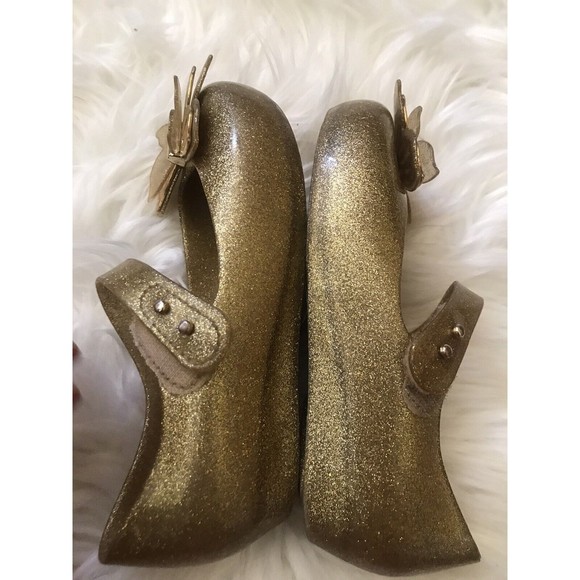 Mini MelissaGold Butterfly on Gold Sparkle Open Toe Mary Jane Cinderella sz 11 - Picture 6 of 7